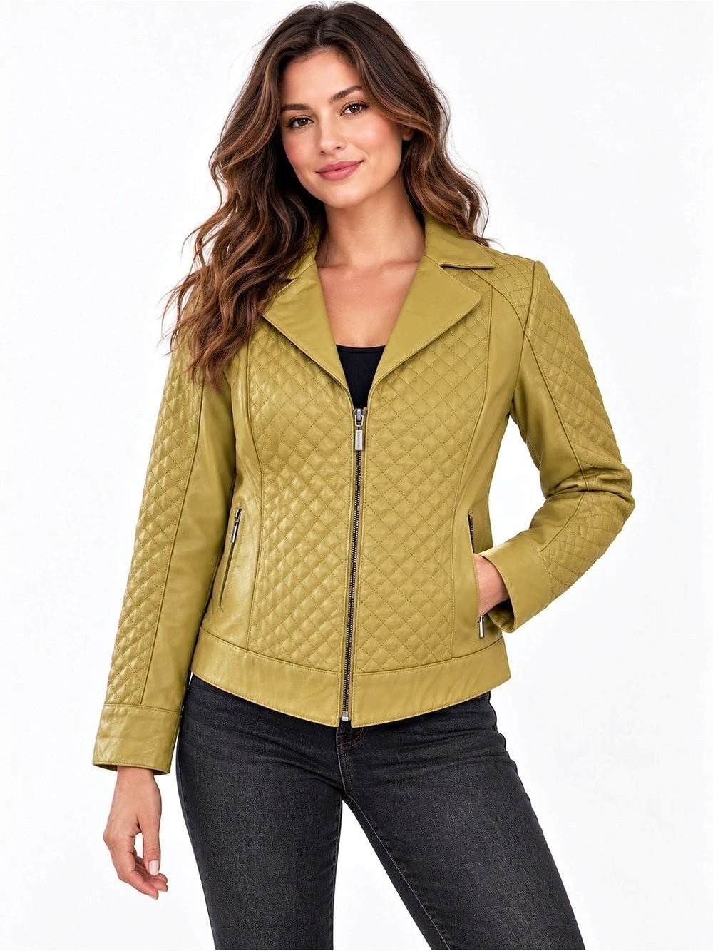 Vintage Bradley Bayou Avocado Green Quilted Leather Y2K Moto Jacket Women’s M